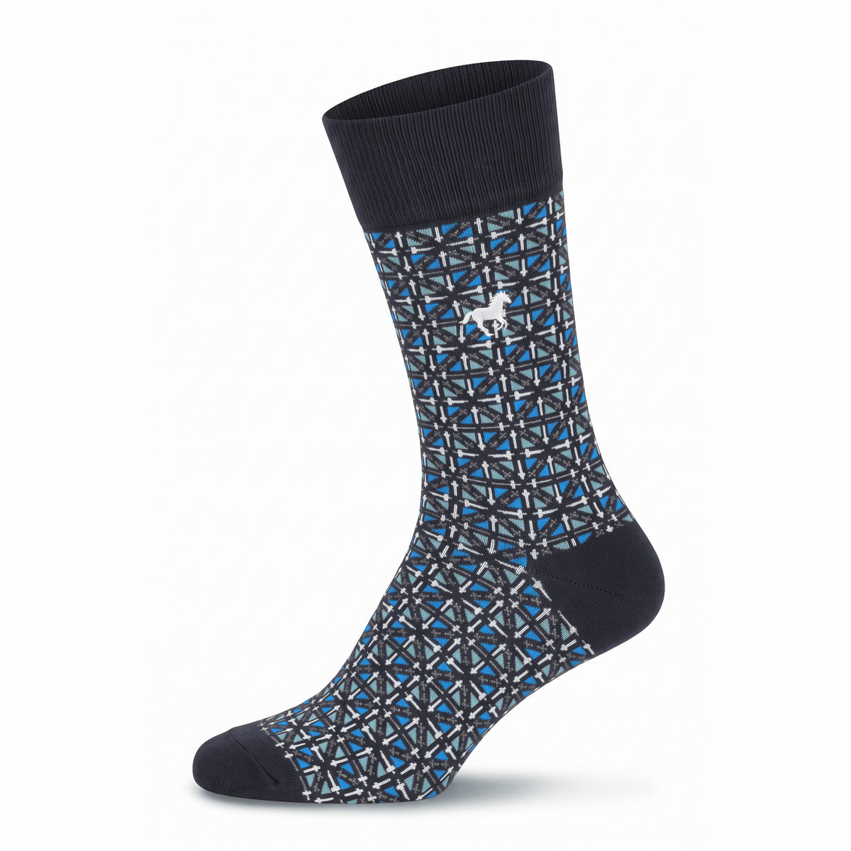 Charcoal Galloper Mosaic crew sock with jacquard pattern and white horse emblem — side view
