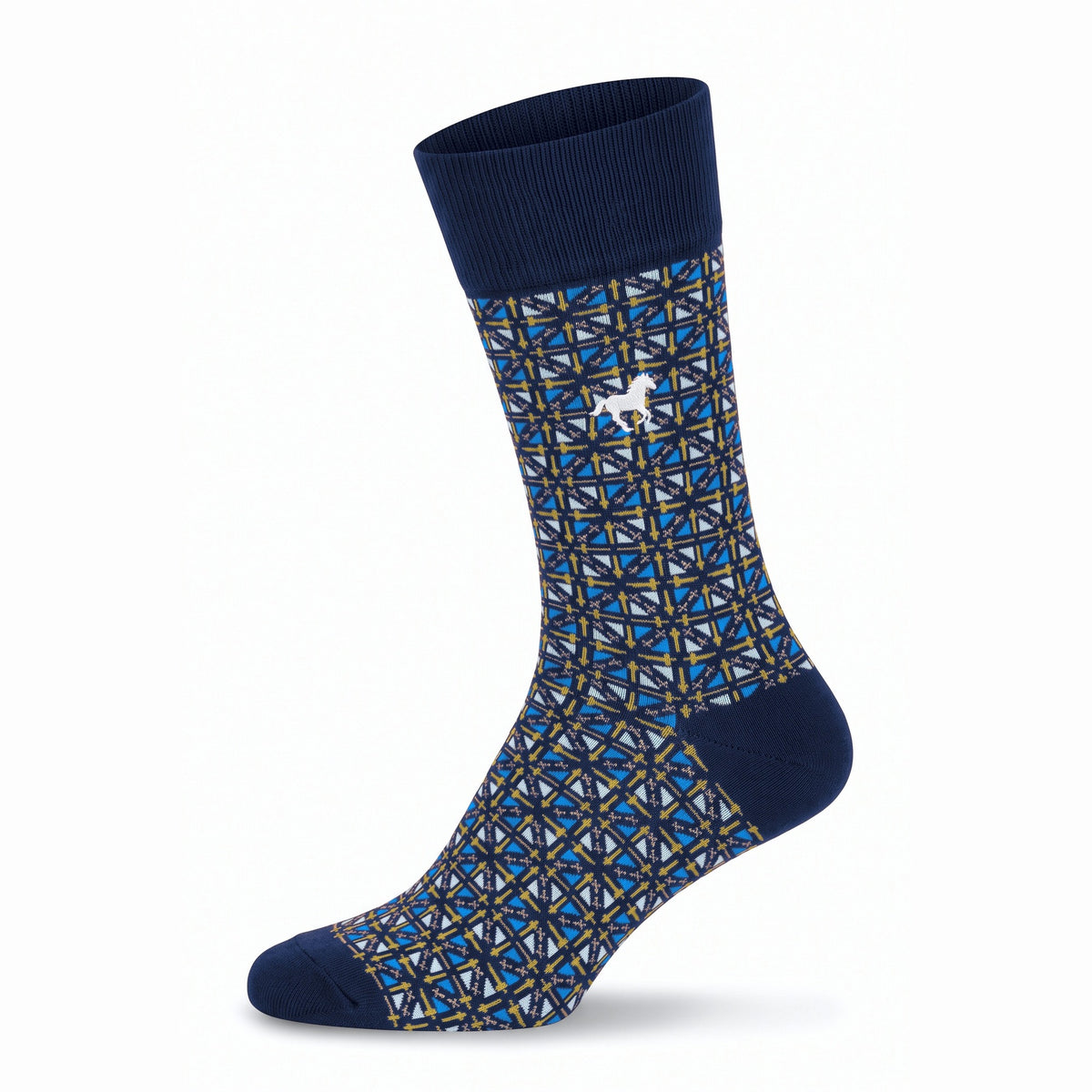 Navy Galloper Mosaic crew sock with jacquard pattern and white horse emblem — side view