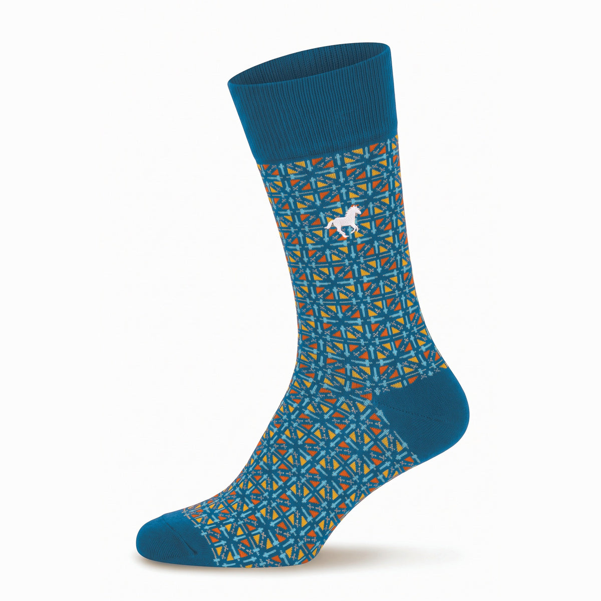 Petrol blue Galloper Mosaic crew sock with jacquard pattern and white horse emblem — side view
