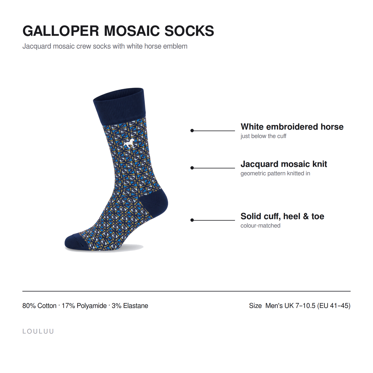 Galloper Mosaic socks infographic — white embroidered horse, jacquard mosaic knit, solid cuff heel and toe, 80% cotton, men's UK 7–10.5