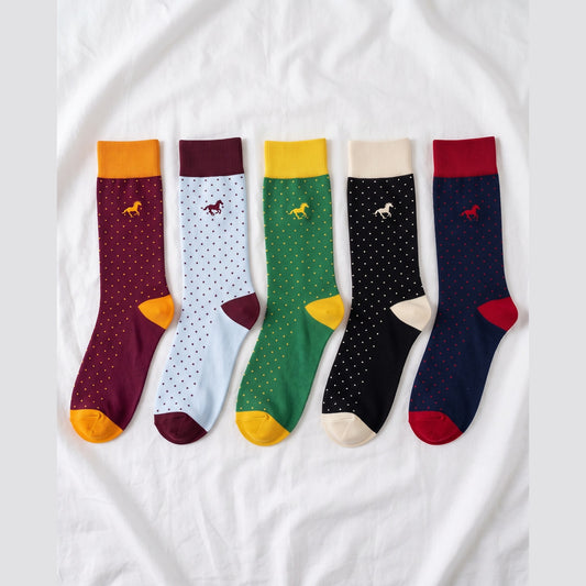 Louluu Galloper Pin Dot crew socks with contrast cuffs in burgundy, ice blue, green, black and navy — flat lay