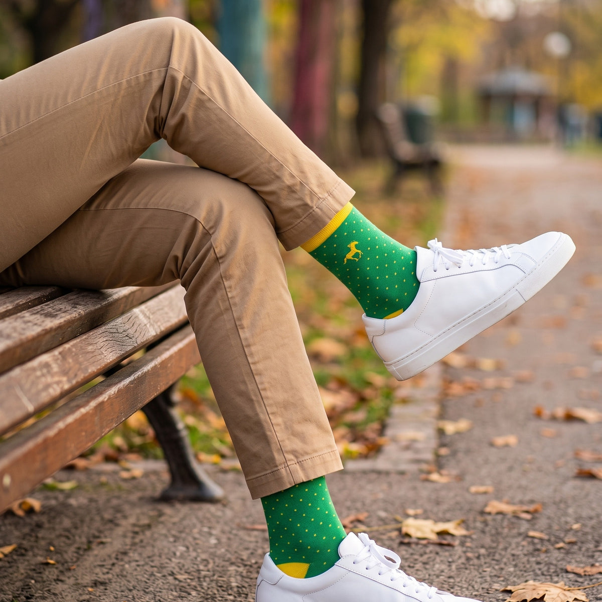 Man on a park bench wearing green and yellow Galloper Pin Dot socks with tan chinos and white sneakers
