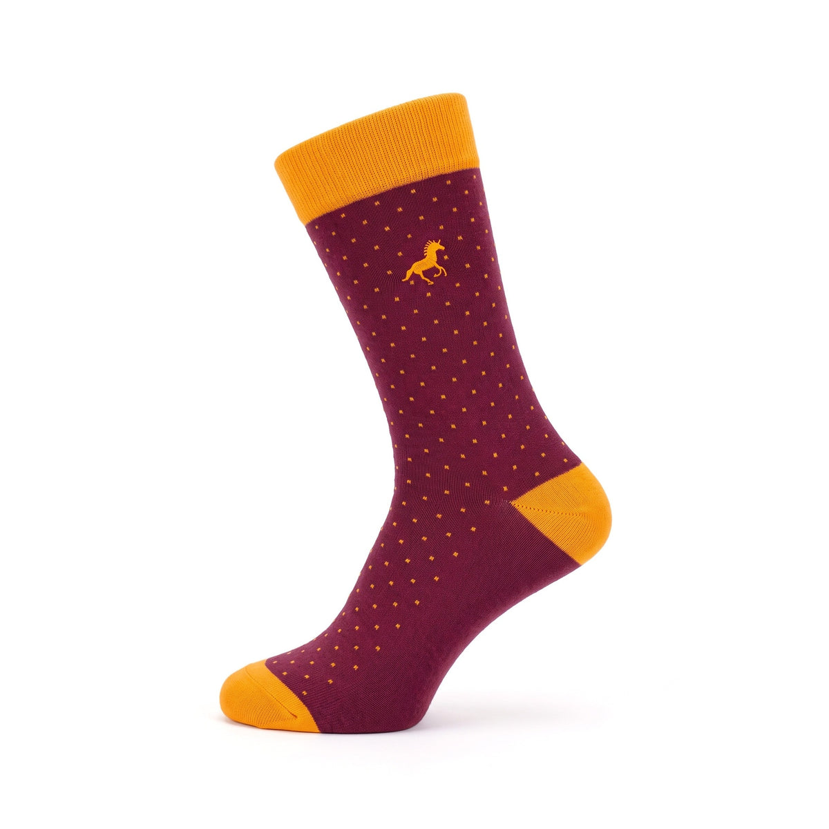Burgundy Galloper Pin Dot crew sock with yellow cuff, heel and toe — side view