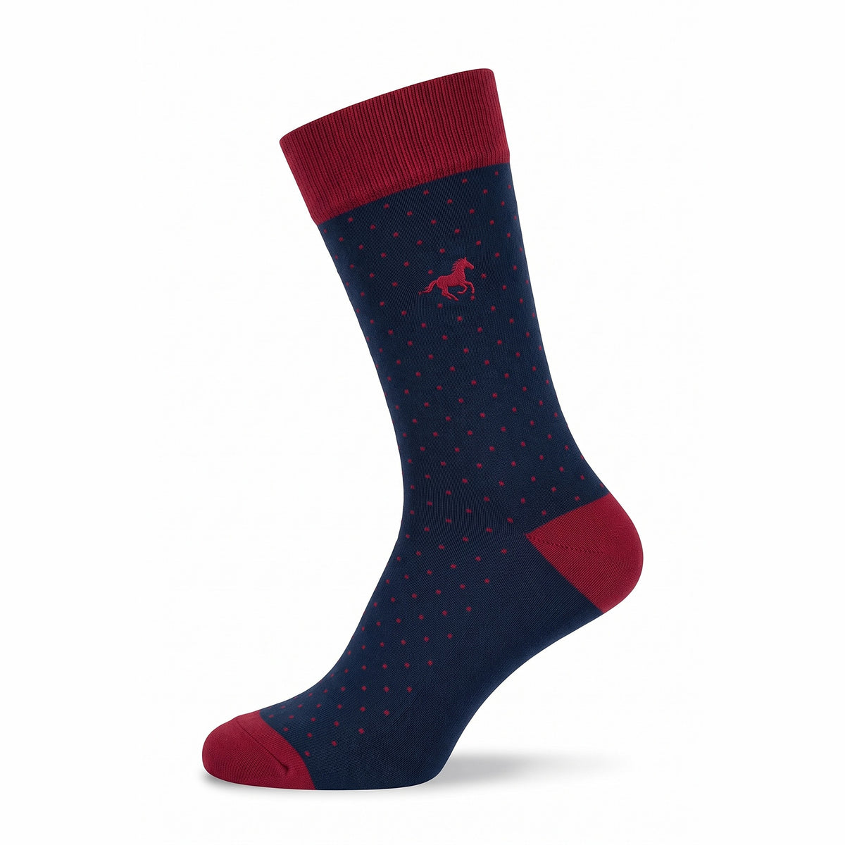 Navy Galloper Pin Dot crew sock with red cuff, heel and toe — side view