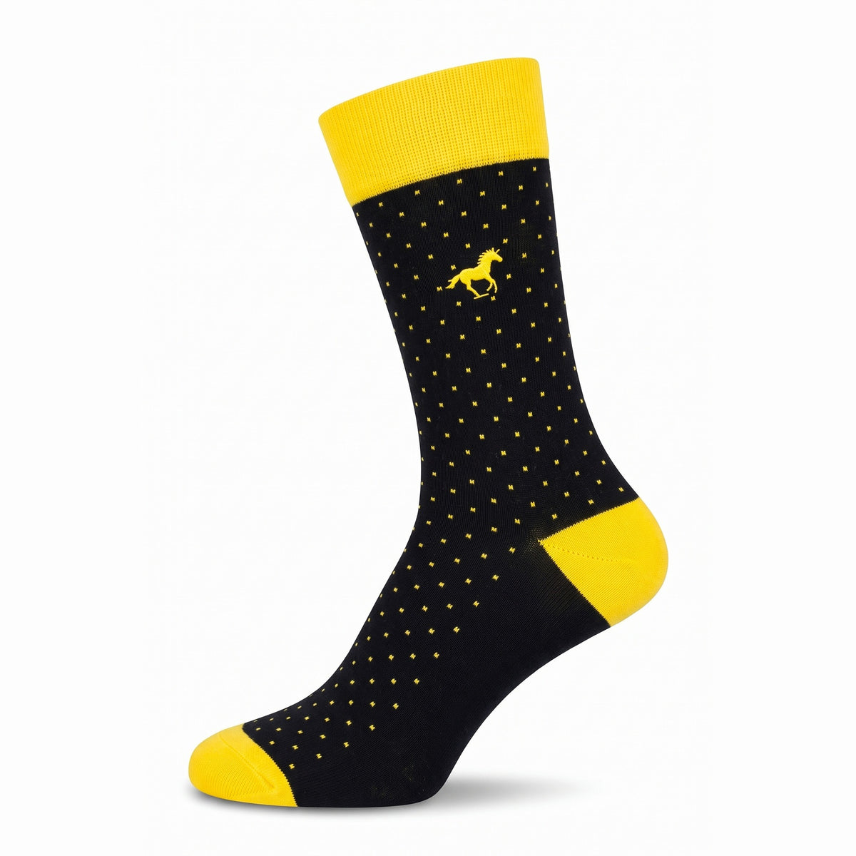 Black Galloper Pin Dot crew sock with yellow cuff, heel and toe — side view