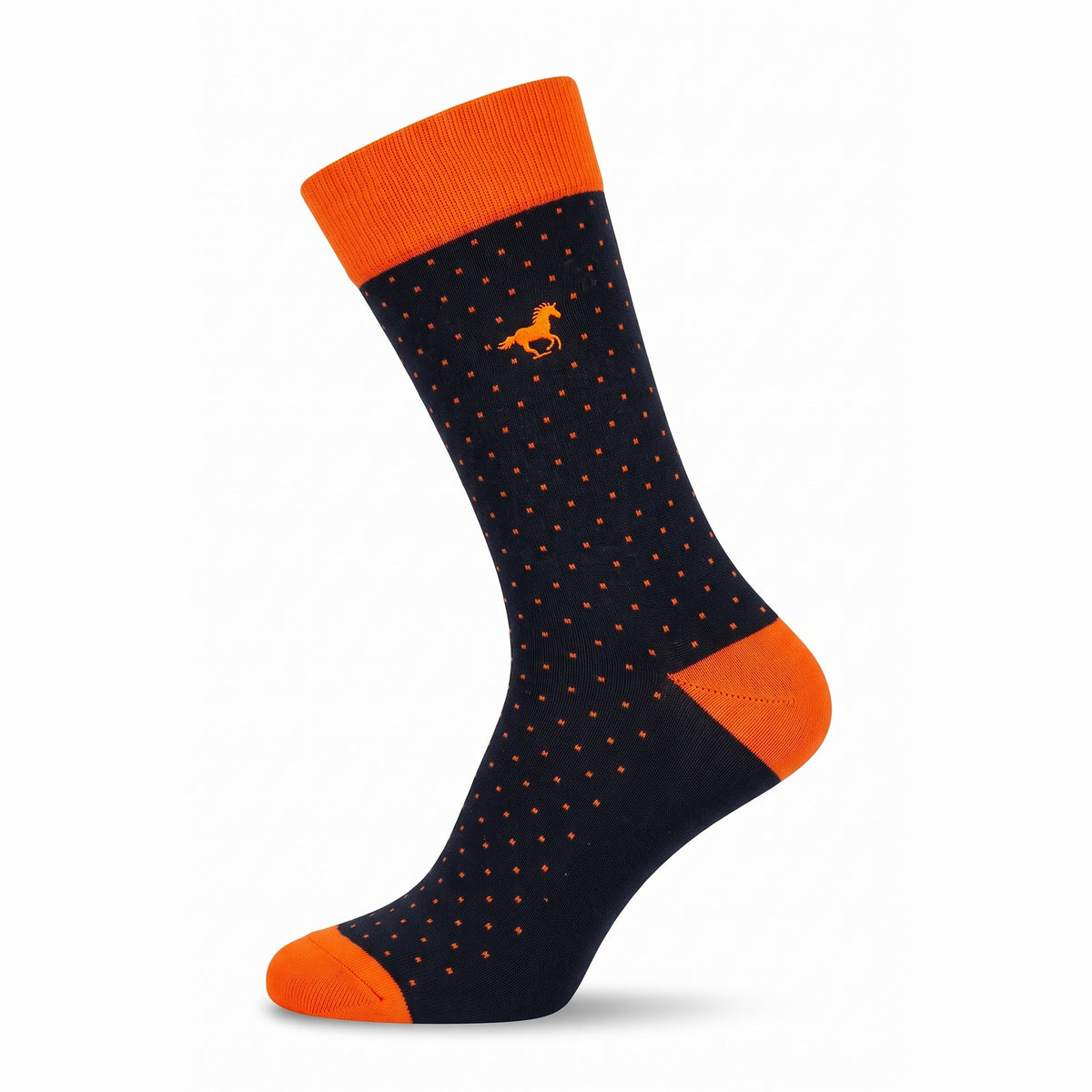 Black Galloper Pin Dot crew sock with orange cuff, heel and toe — side view