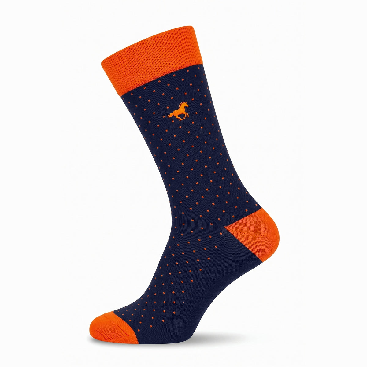 Navy Galloper Pin Dot crew sock with orange cuff, heel and toe — side view
