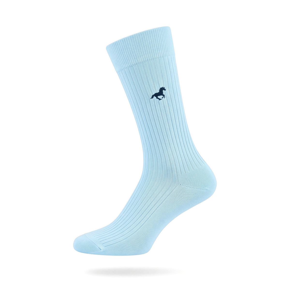 Light blue Galloper ribbed crew sock with navy embroidered horse emblem — side view