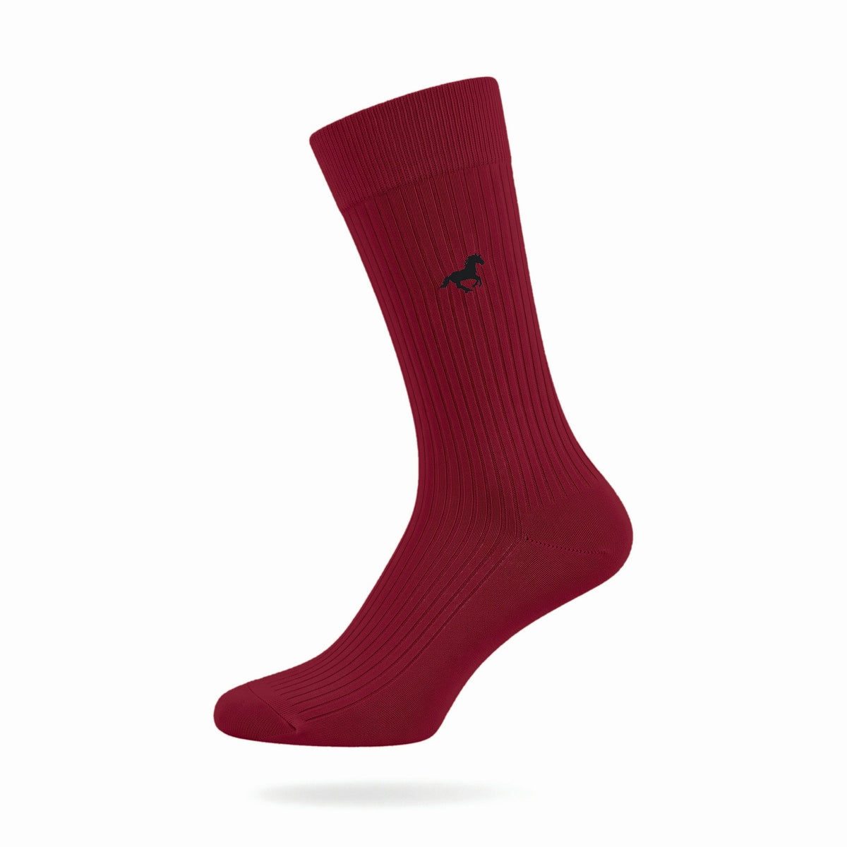 Burgundy Galloper ribbed crew sock with embroidered horse emblem — side view