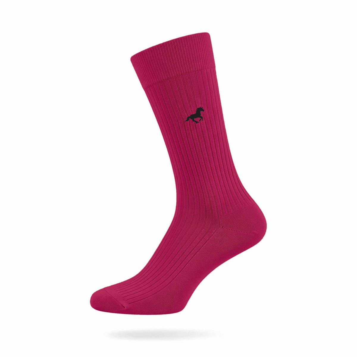 Raspberry pink Galloper ribbed crew sock with embroidered horse emblem — side view