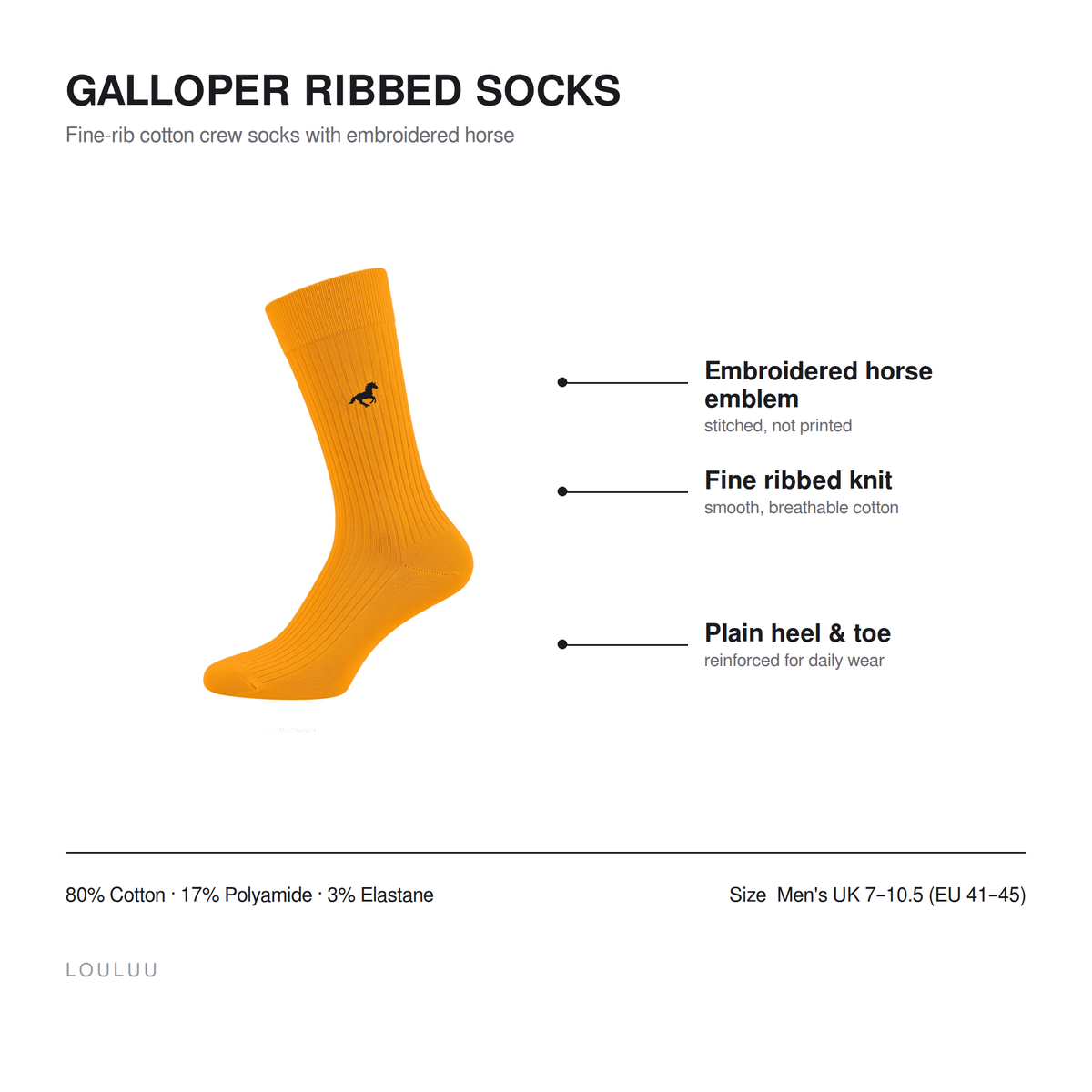 Galloper ribbed socks infographic — embroidered horse emblem, fine ribbed knit, plain heel and toe, 80% cotton, men's UK 7–10.5