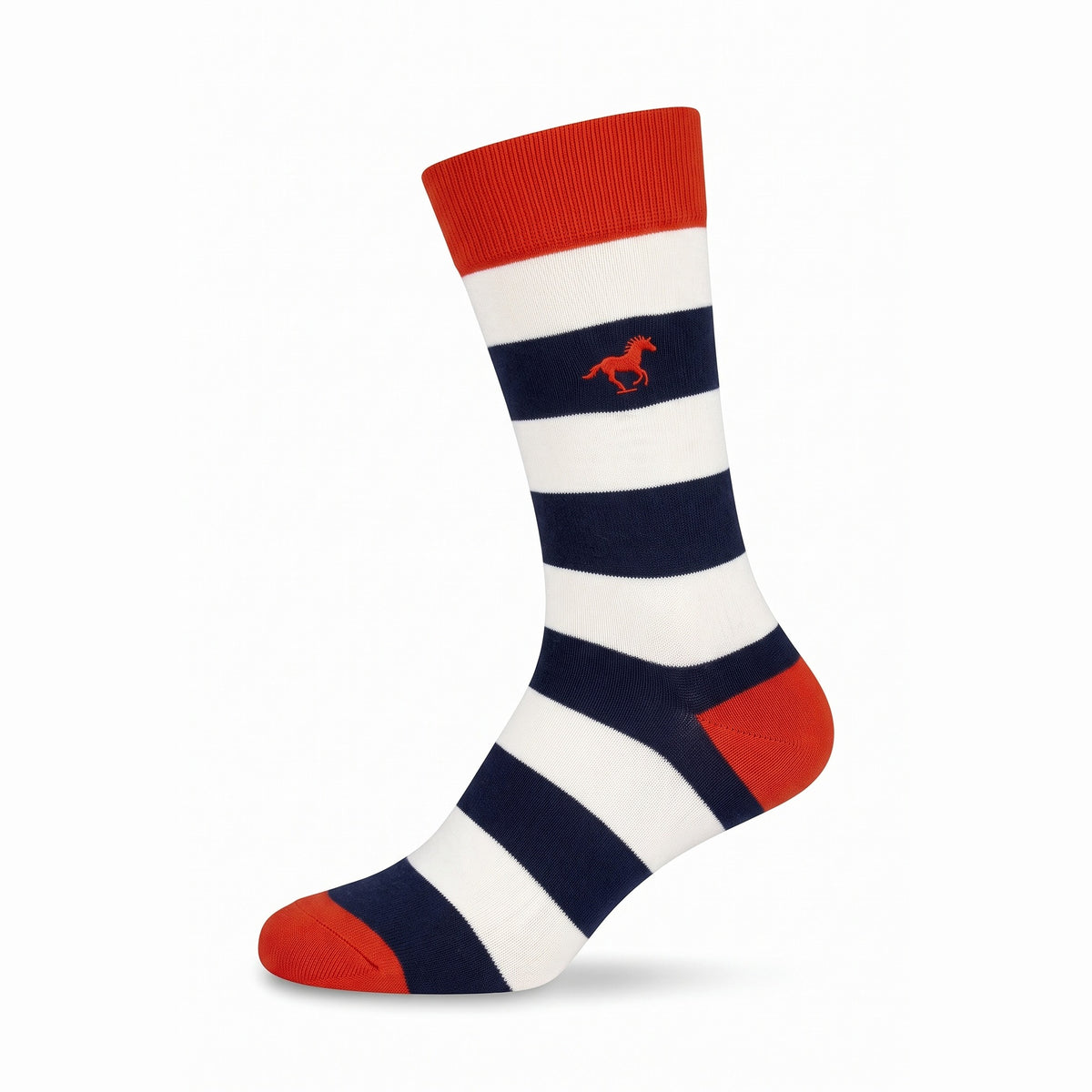 Navy and white rugby stripe crew sock with orange cuff and horse emblem — side view