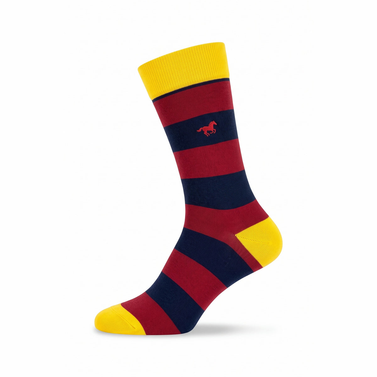 Burgundy and navy rugby stripe crew sock with yellow cuff and horse emblem — side view