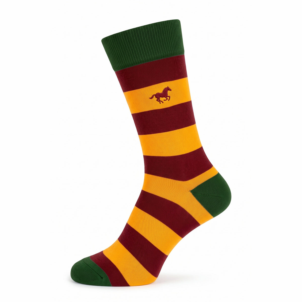 Burgundy and mustard rugby stripe crew sock with green cuff and horse emblem — side view