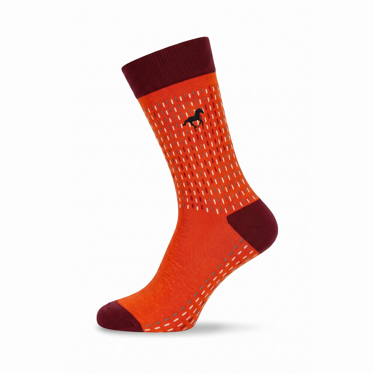 Orange Galloper Stitch crew sock with burgundy cuff and dash pattern — side view