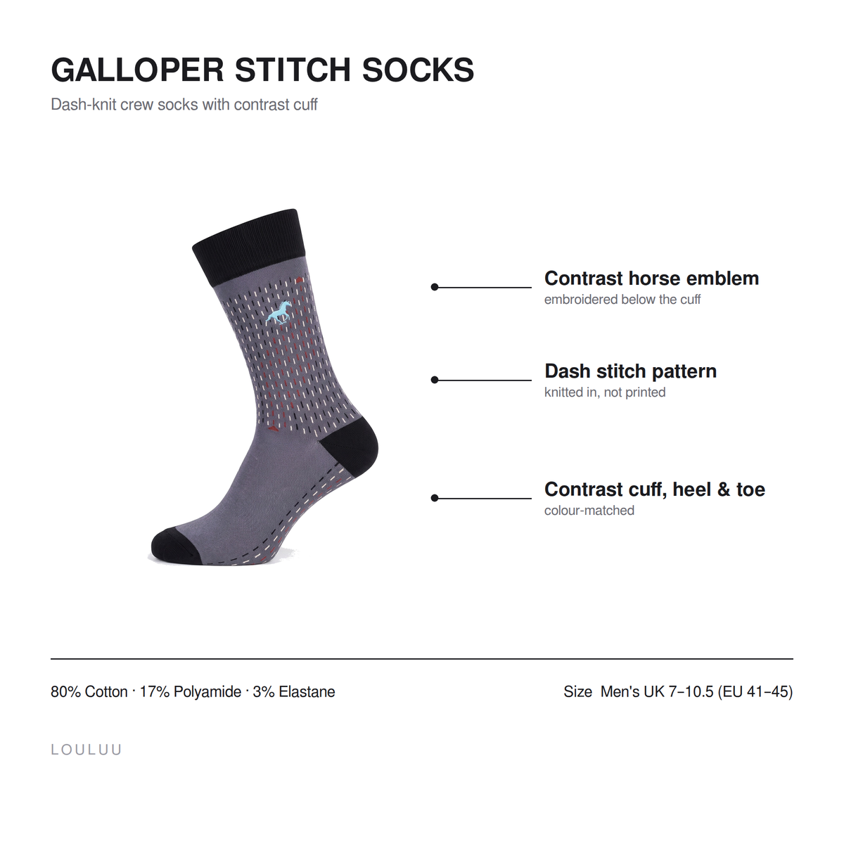Galloper Stitch socks infographic — contrast horse emblem, dash stitch pattern, contrast cuff heel and toe, 80% cotton, men's UK 7–10.5