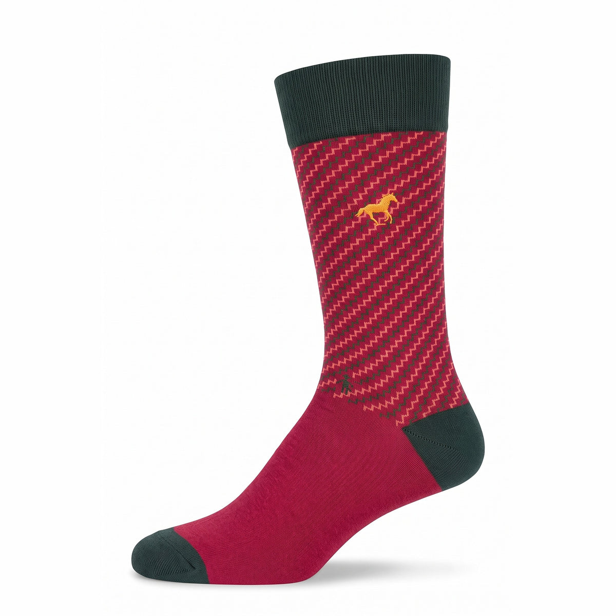 Burgundy Galloper Zigzag crew sock with green cuff and yellow horse emblem — side view