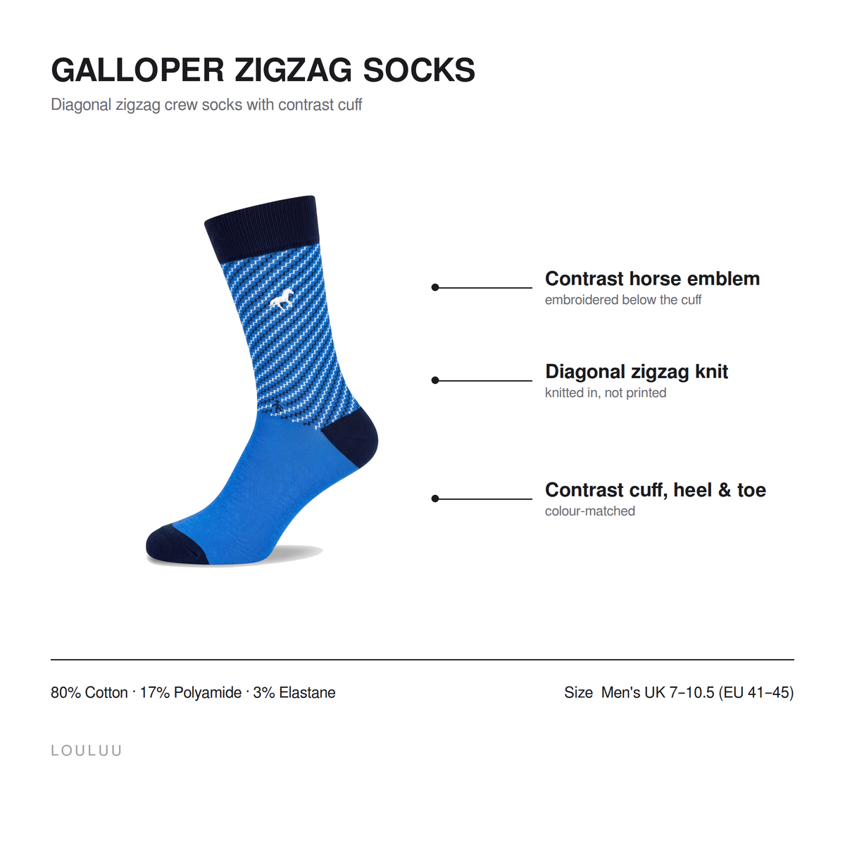 Galloper Zigzag socks infographic — contrast horse emblem, diagonal zigzag knit, contrast cuff heel and toe, 80% cotton, men's UK 7–10.5