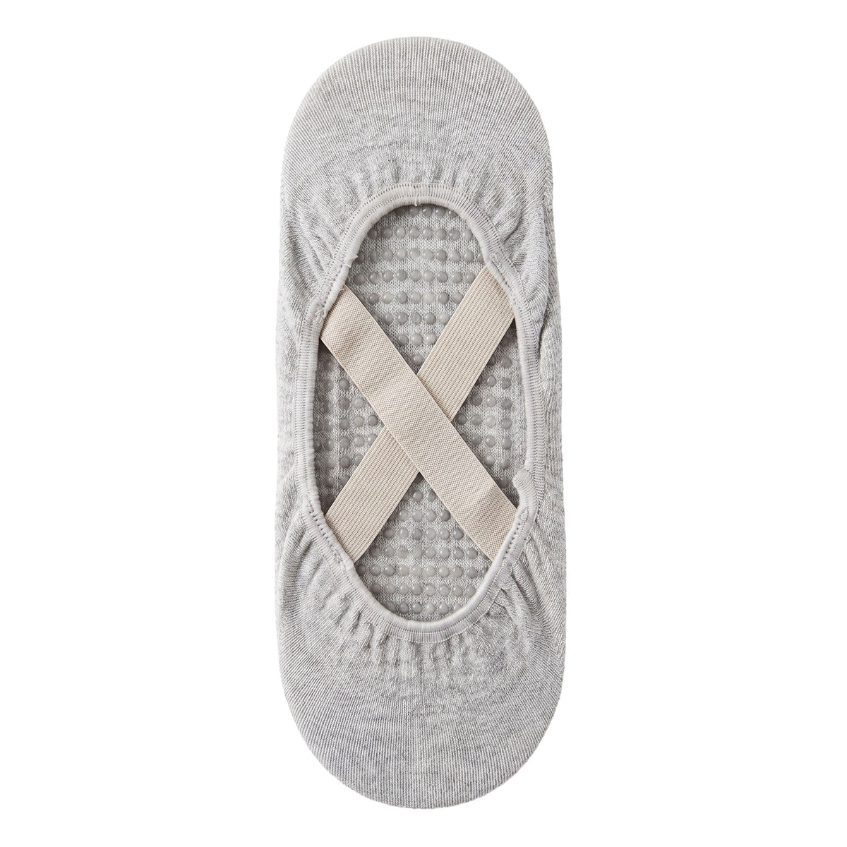 Grey ballet grip sock — open-top ballet cut with criss-cross straps and non-slip grip sole
