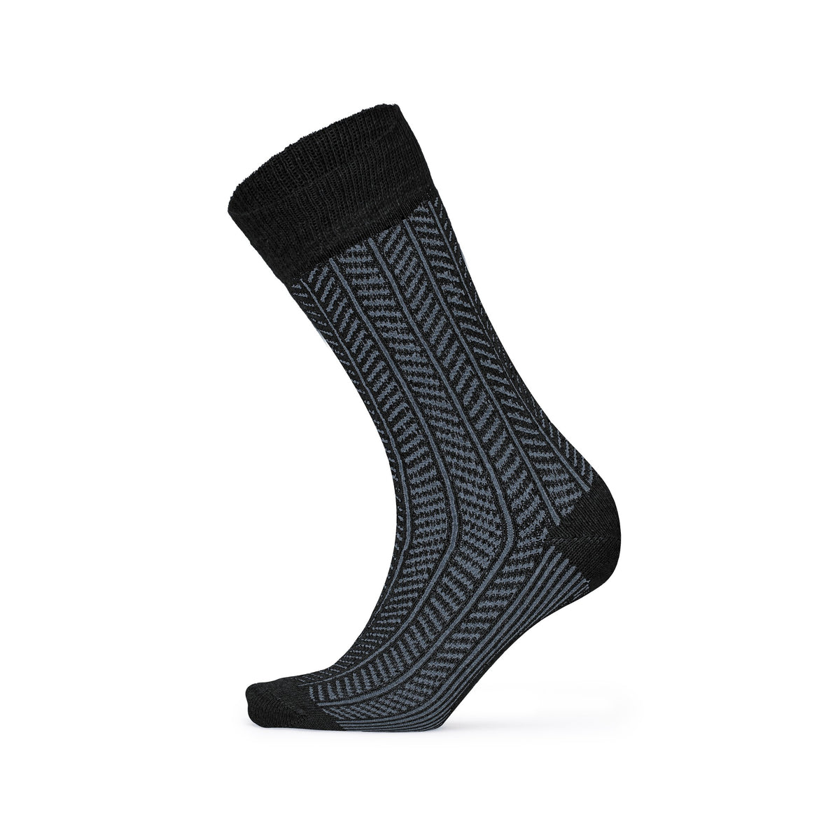 Black herringbone lambswool crew sock — side view