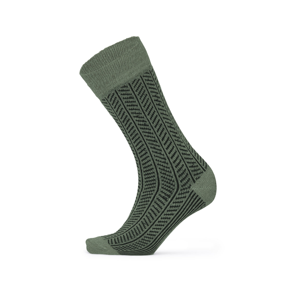 Khaki green herringbone lambswool crew sock — side view