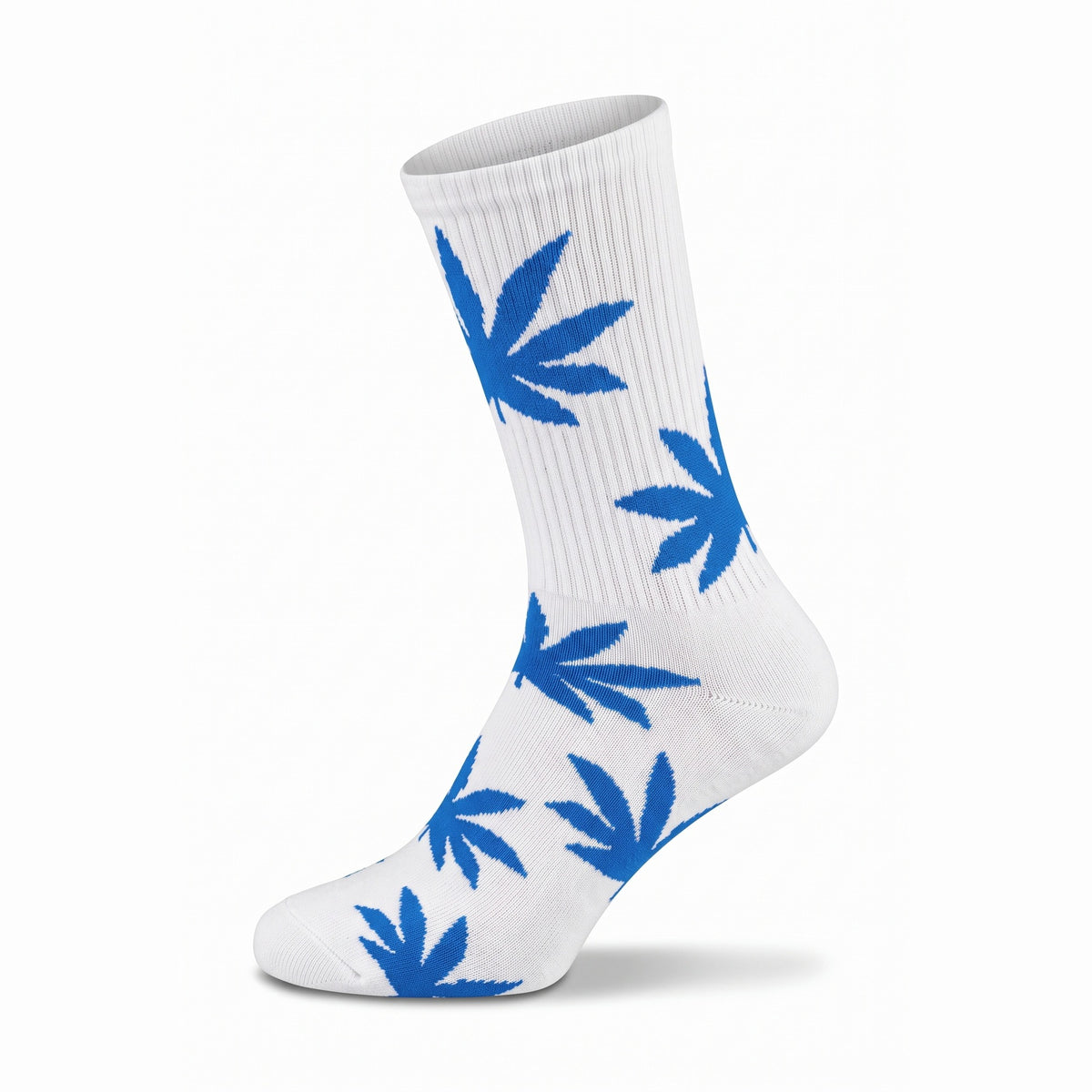 White cushioned cotton crew sock with blue leaf motifs — side view