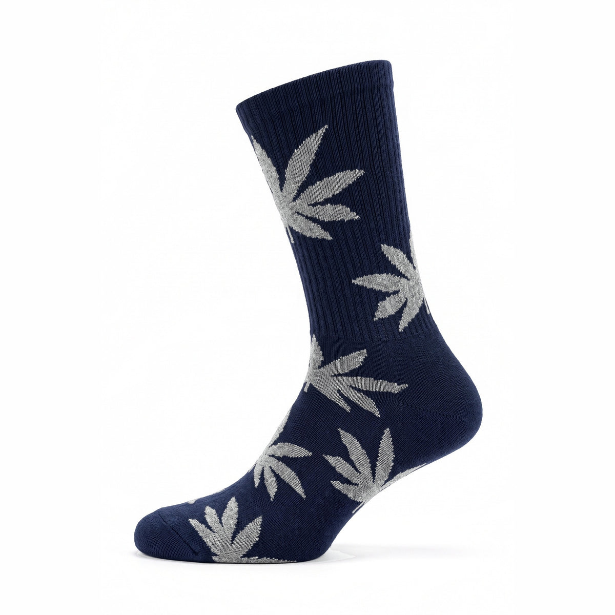 Navy cushioned cotton crew sock with grey leaf motifs — side view