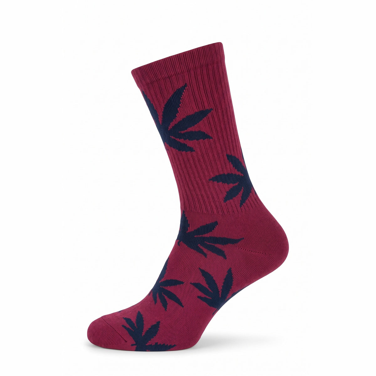 Burgundy cushioned cotton crew sock with navy leaf motifs — side view