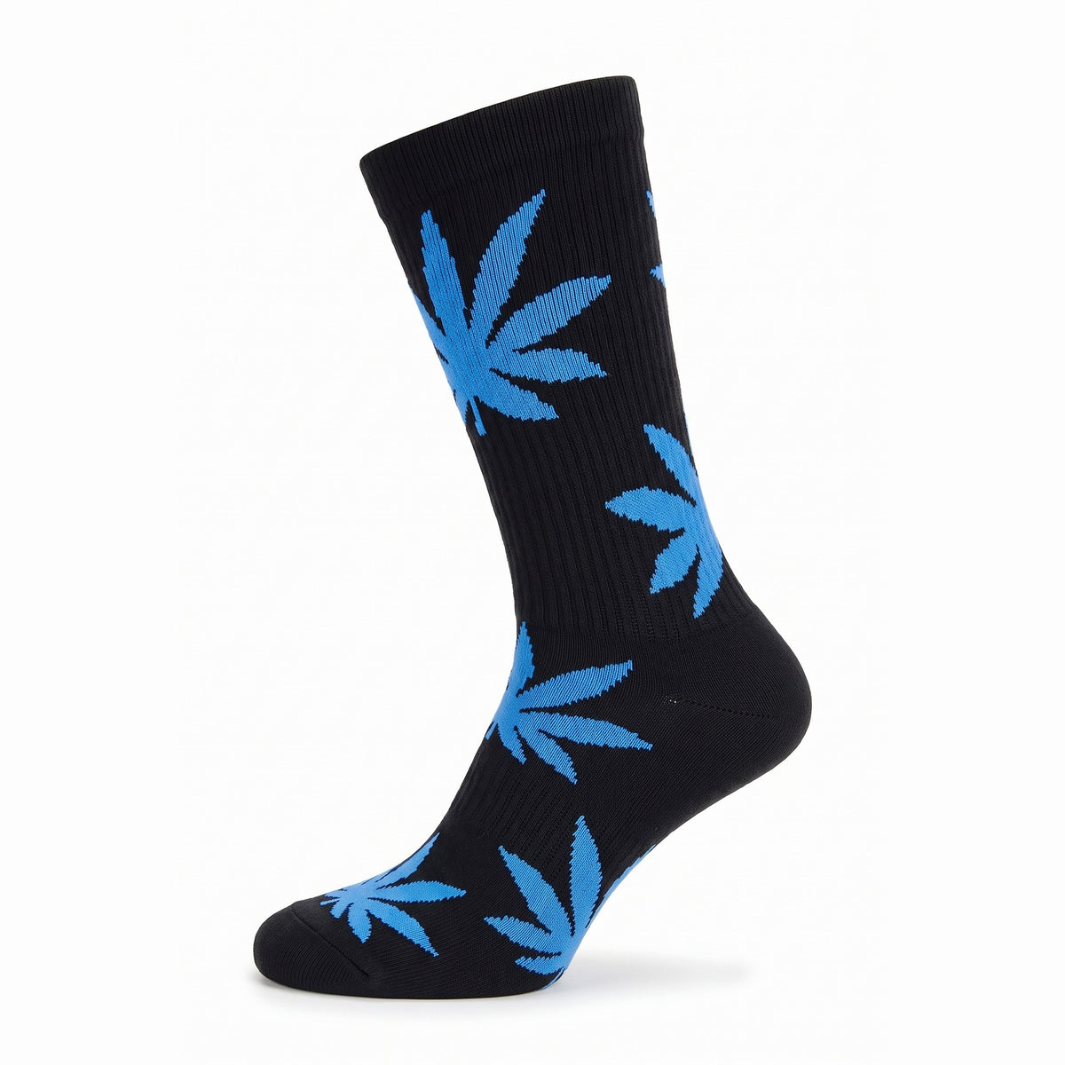 Black cushioned cotton crew sock with blue leaf motifs — side view