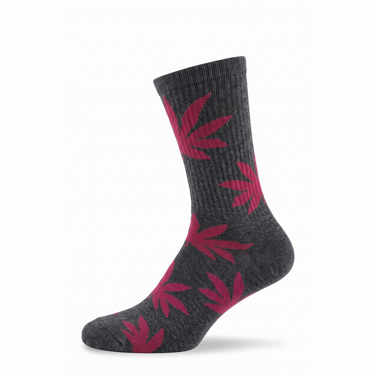 Charcoal cushioned cotton crew sock with burgundy leaf motifs — side view