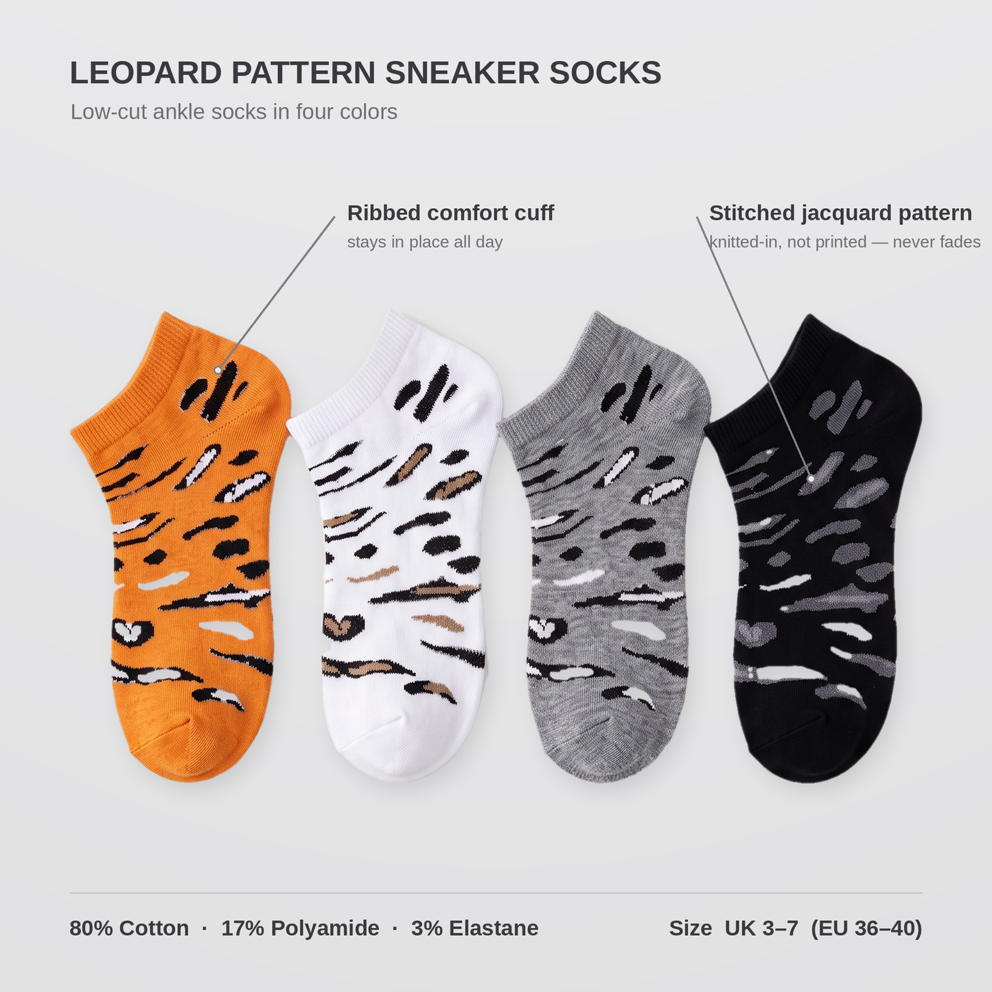 Leopard sneaker socks infographic — stitched pattern, combed cotton, UK 3-7