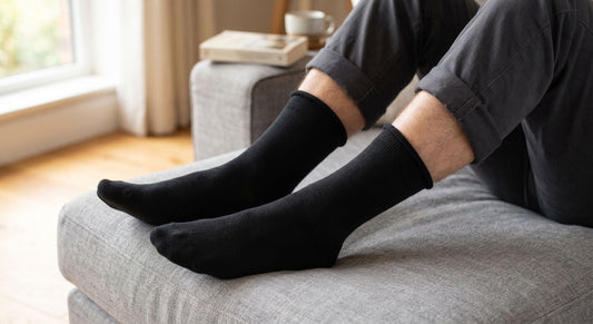 Louluu men's black bamboo diabetic crew socks worn at home — soft non-binding mid-calf fit for sensitive feet
