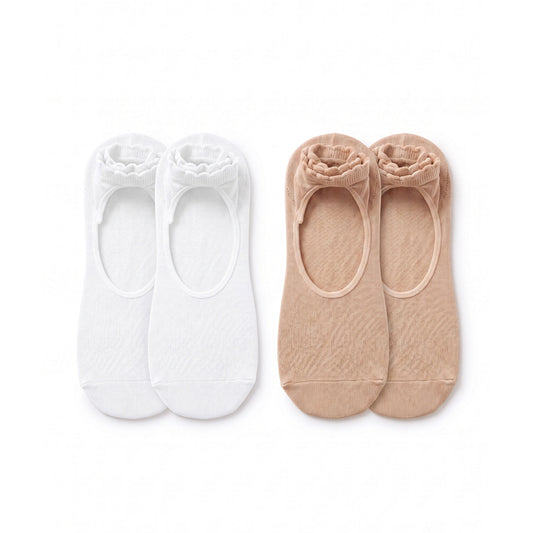 Louluu pilates grip socks — white and nude pairs with open instep, top view