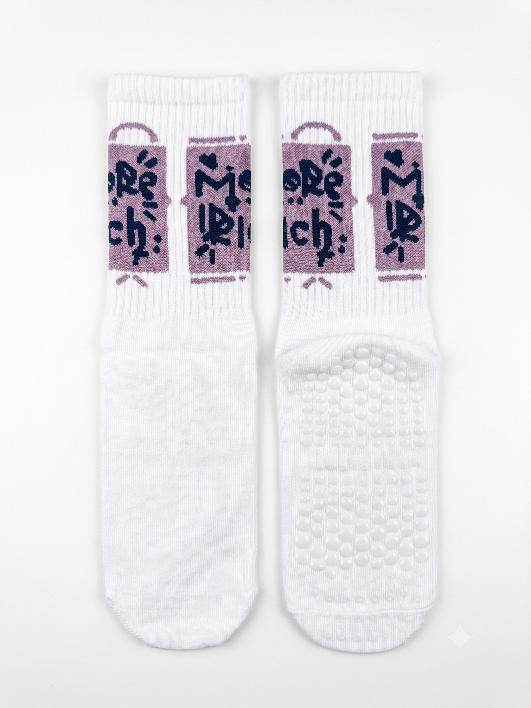 More Rich slogan grip socks — white ribbed crew with non-slip grip sole