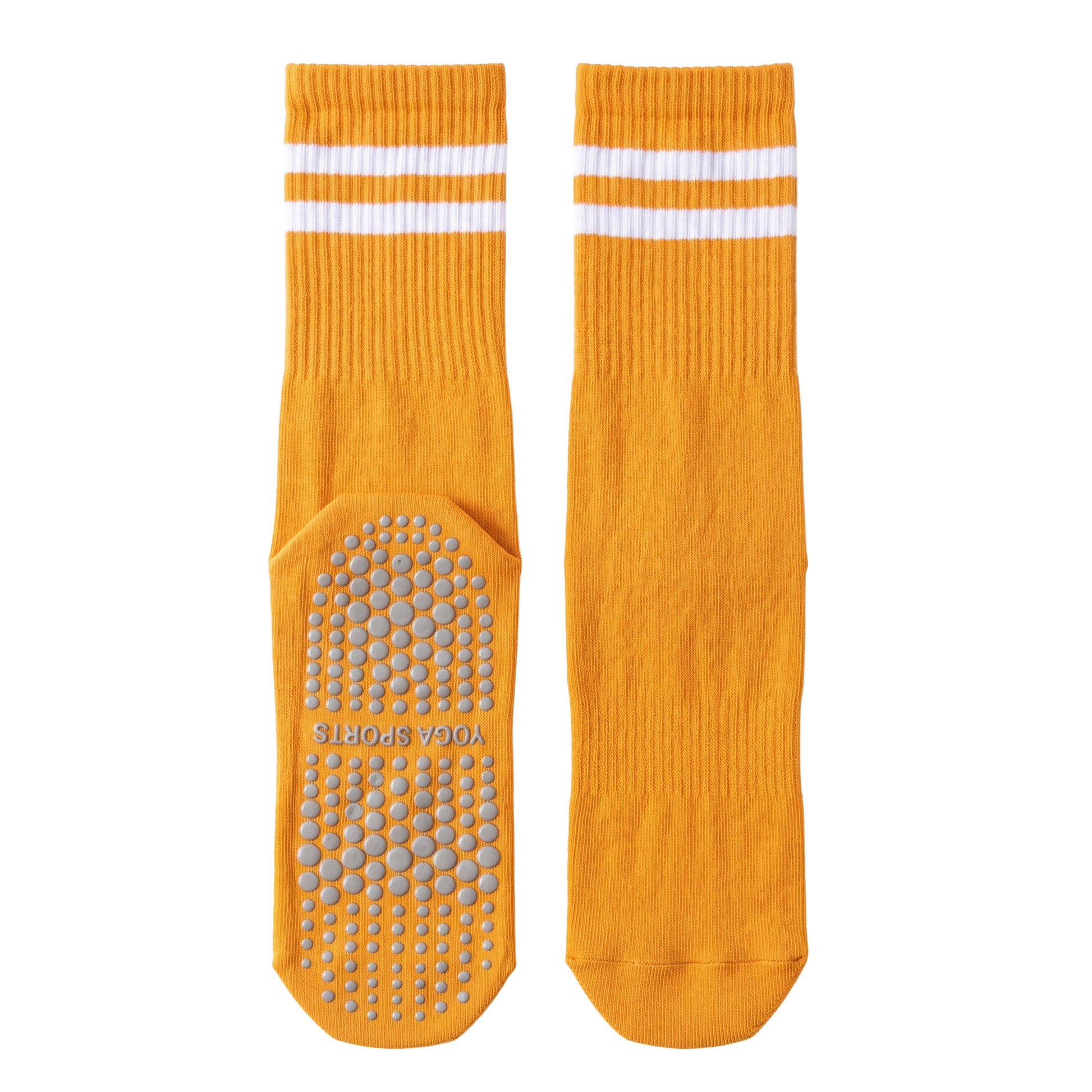 Orange crew grip socks — ribbed crew with white stripes and non-slip silicone sole