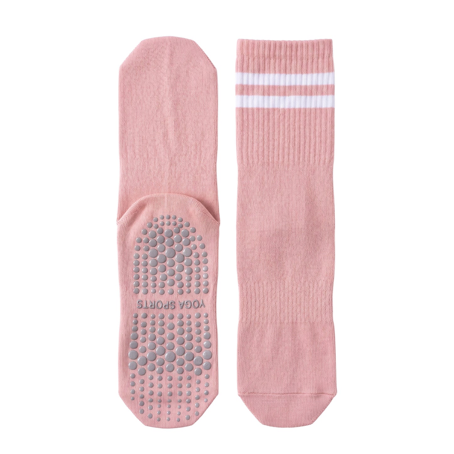 Pink crew grip socks — ribbed crew with white stripes and non-slip silicone sole