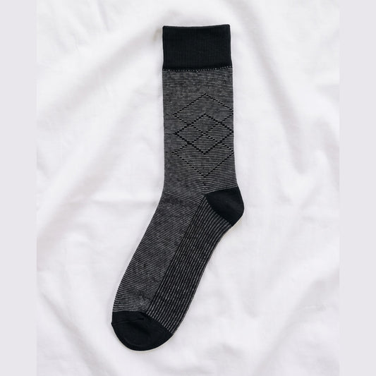 Louluu Pinstripe Diamond lambswool sock in grey and black pinstripe with diamond motif — flat lay