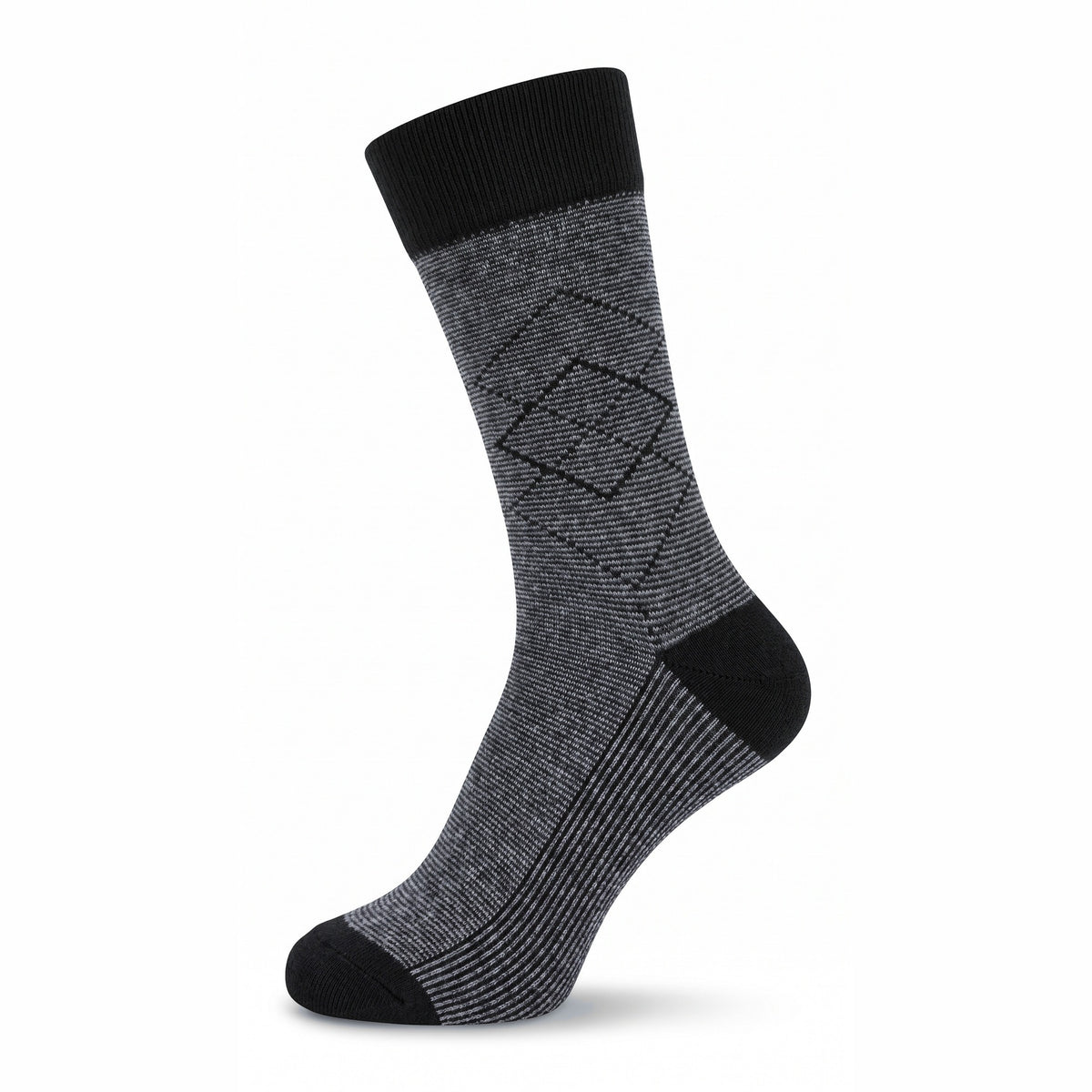 Grey and black pinstripe diamond lambswool crew sock — side view