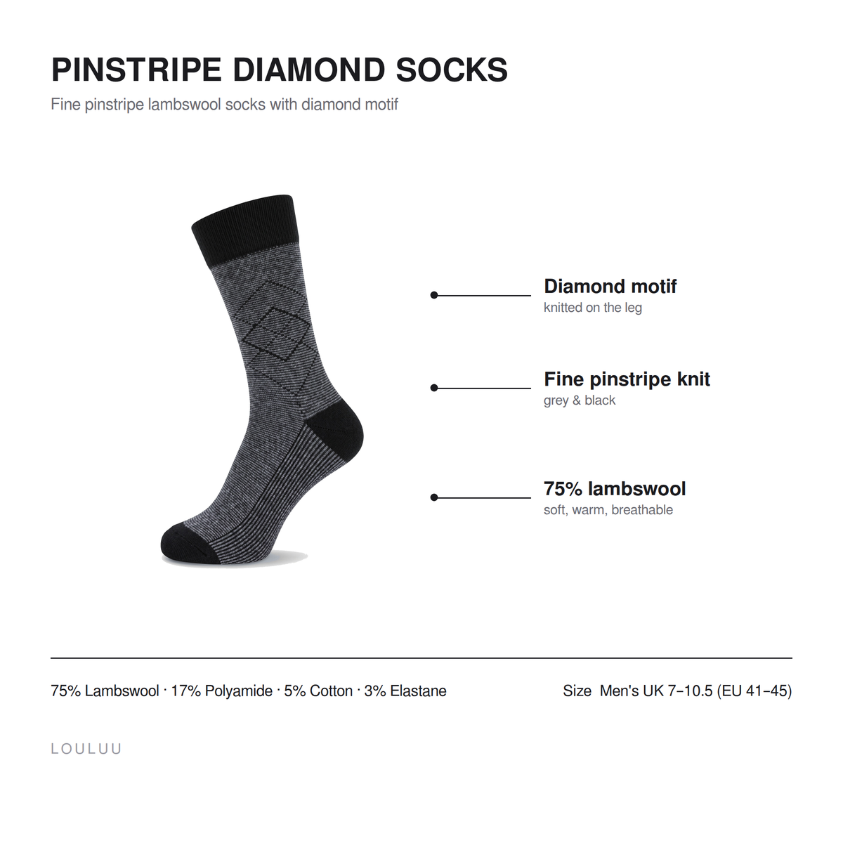 Pinstripe Diamond socks infographic — diamond motif, fine pinstripe knit, 75% lambswool, men's UK 7–10.5