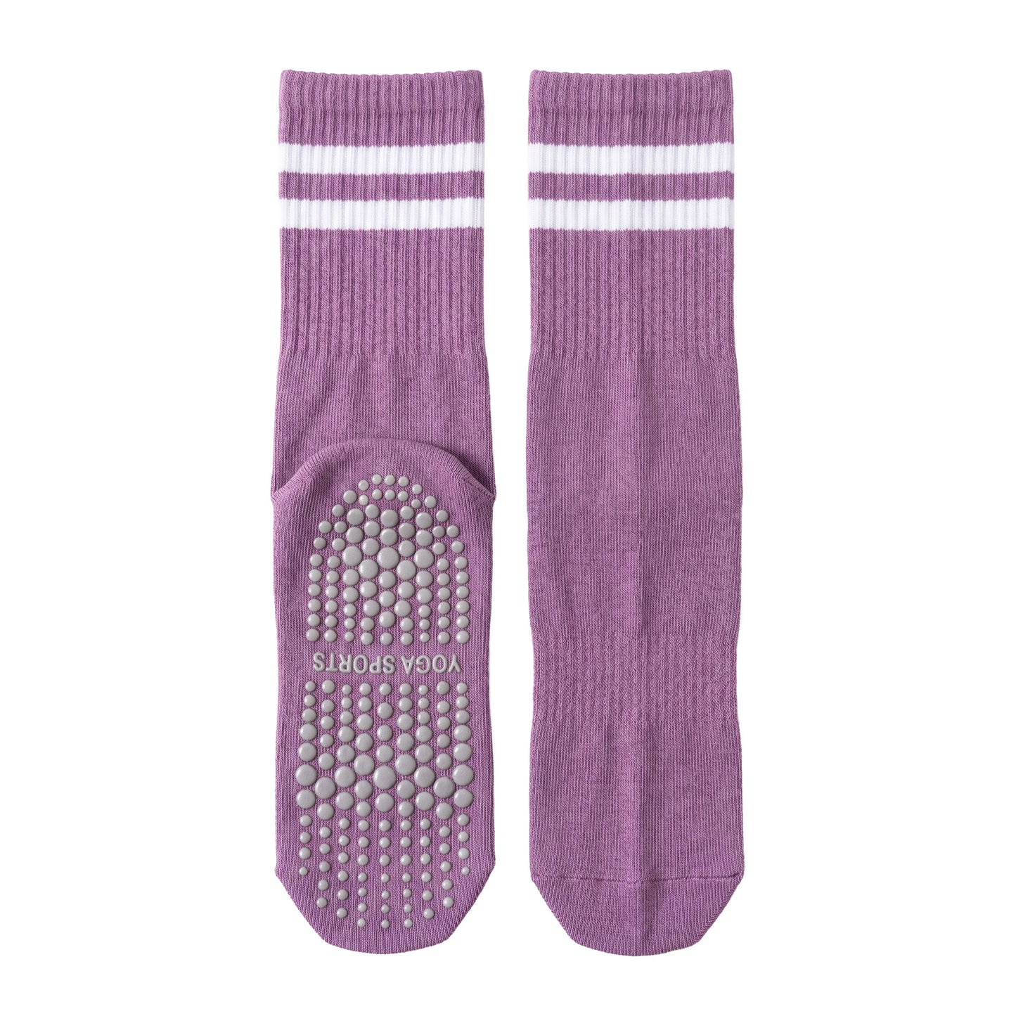 Lilac purple crew grip socks — ribbed crew with white stripes and non-slip silicone sole