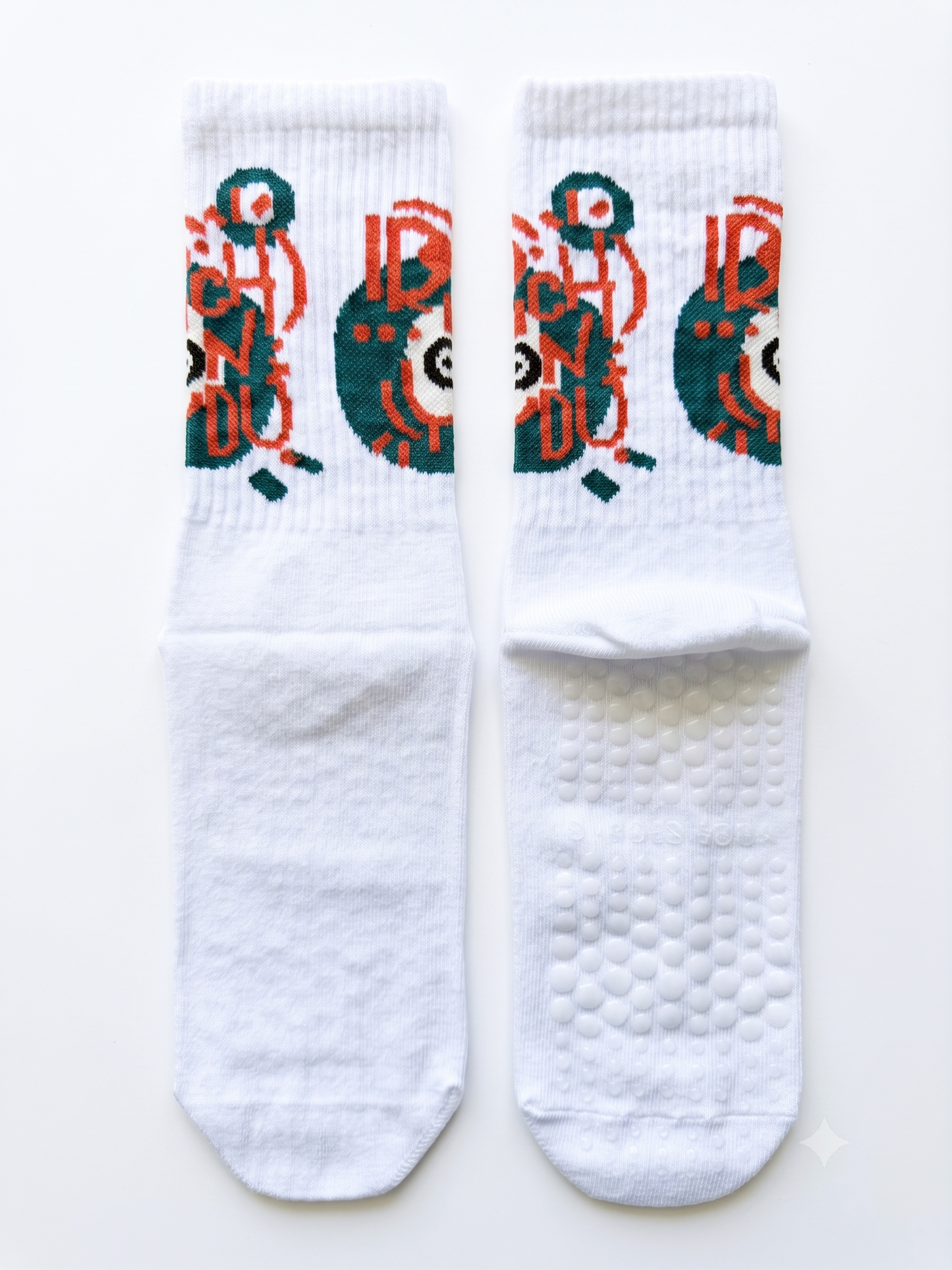 On Duty slogan grip socks — white ribbed crew with retro figure print and non-slip grip sole