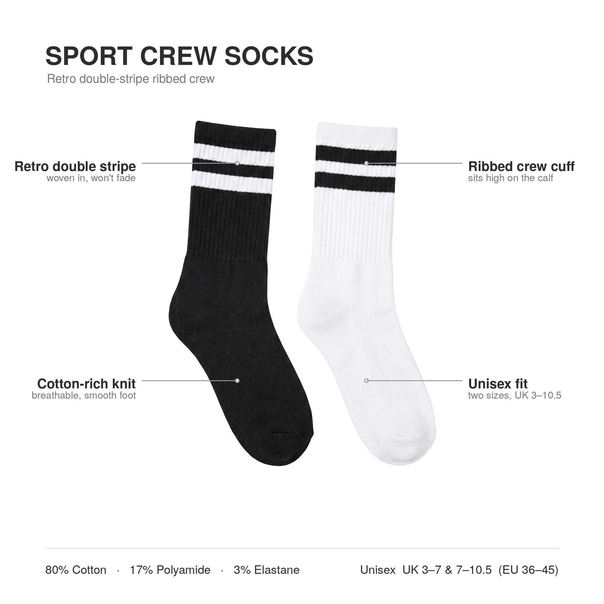 Sport crew socks infographic — retro double stripe, ribbed crew, cotton-rich, unisex UK 3-10.5