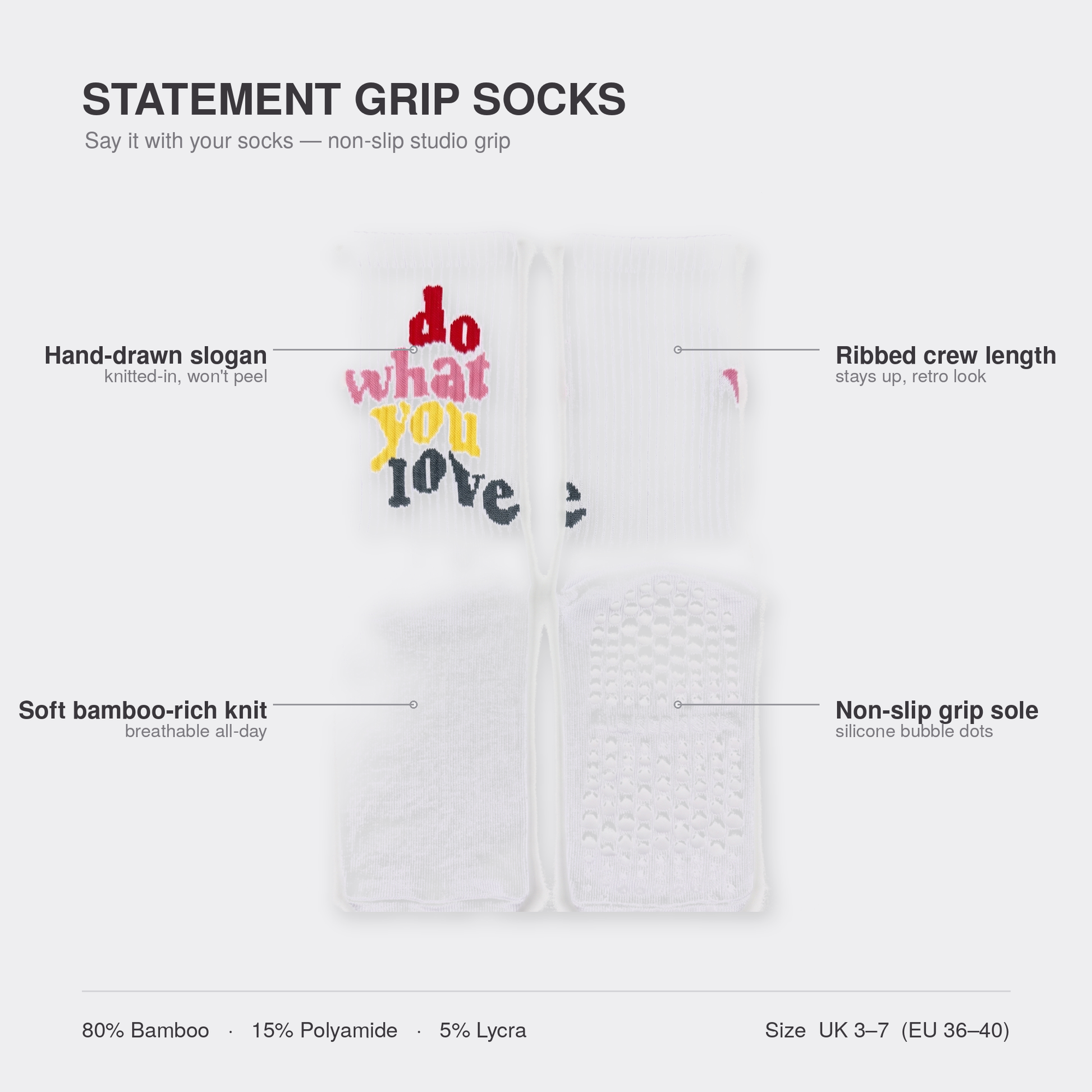 Statement grip socks infographic — hand-drawn slogan, ribbed crew, bamboo-rich knit, non-slip silicone grip sole, UK 3-7 EU 36-40