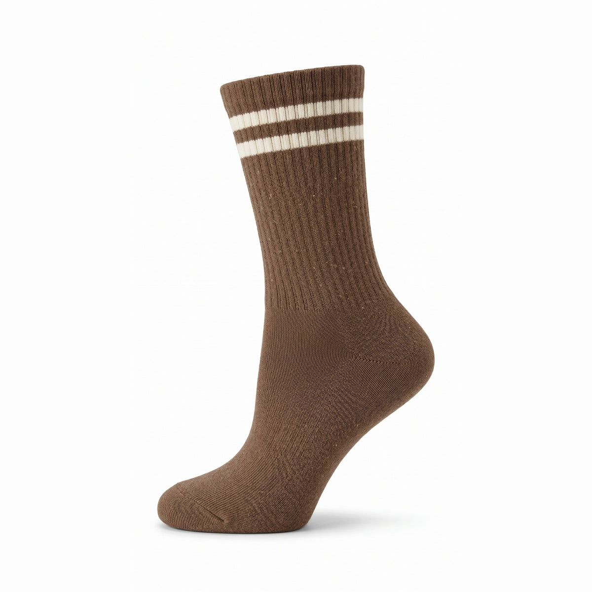 Brown women's cushioned tennis crew sock with two cream stripes — side view