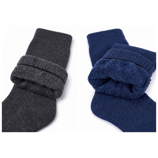 Louluu Fleece Lined Thermal socks in charcoal and navy with cuffs folded down to show the brushed fleece lining