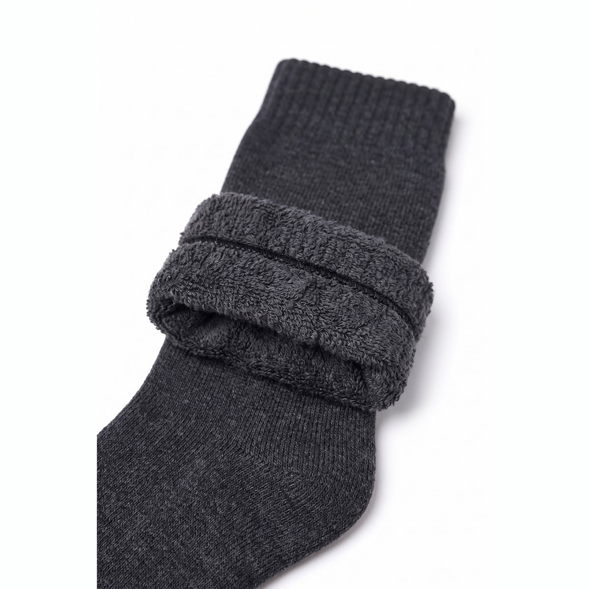 Charcoal fleece lined thermal sock with cuff turned down showing the thick fleece lining