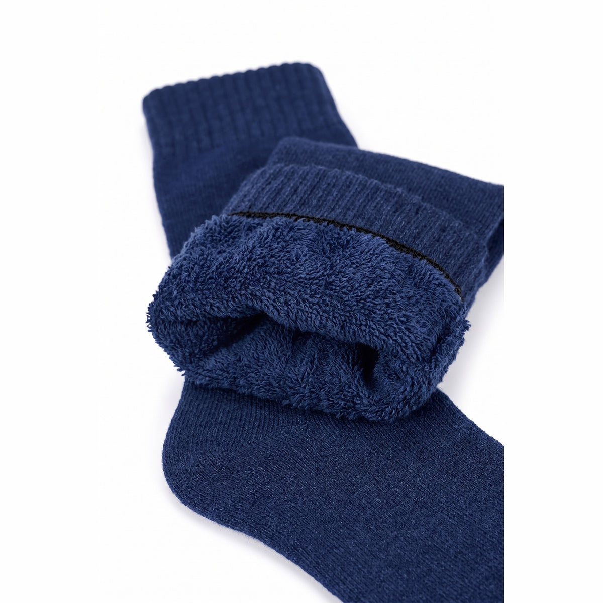 Navy fleece lined thermal sock with cuff turned down showing the thick fleece lining