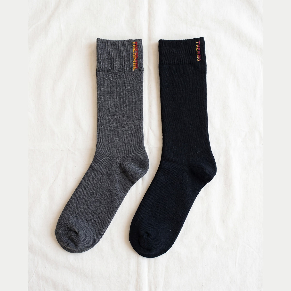 Louluu Thermo double-layer terry cotton socks in charcoal and black with knitted THERMO cuff detail — flat lay