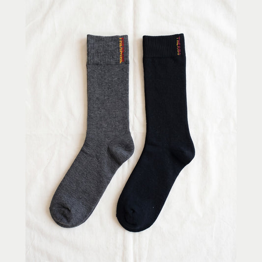 Louluu Thermo double-layer terry cotton socks in charcoal and black with knitted THERMO cuff detail — flat lay