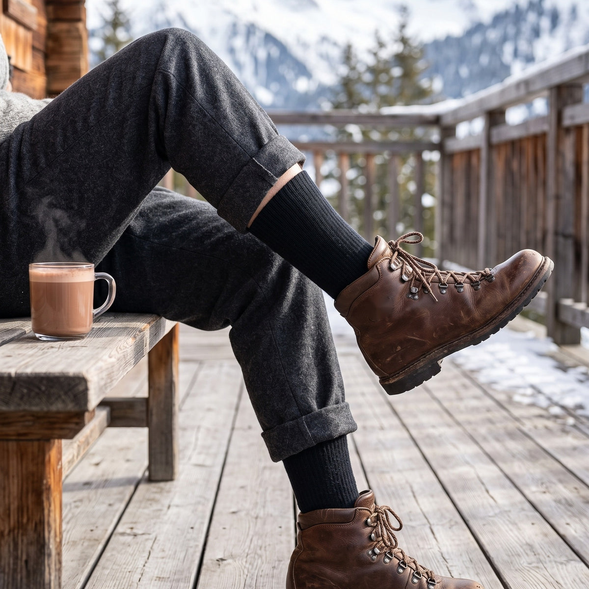 Man on a ski lodge terrace wearing black Thermo socks with grey wool trousers and brown leather hiking boots